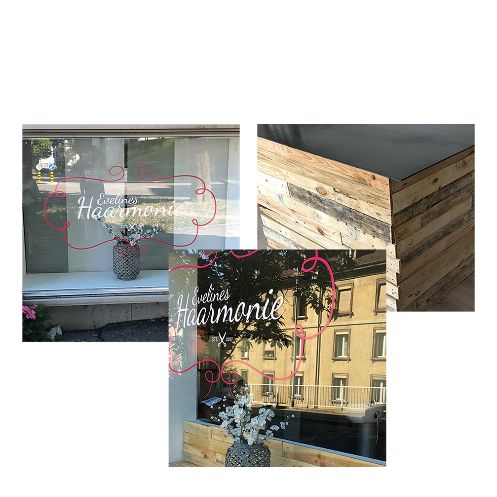 Schaufenstertisch Evelines Haarmonie – Druck und Bau